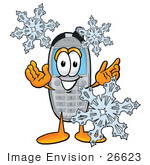 #26623 Clip Art Graphic Of A Gray Cell Phone Cartoon Character With Three Snowflakes In Winter