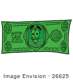 #26625 Clip Art Graphic Of A Gray Cell Phone Cartoon Character On A Dollar Bill