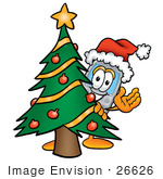 #26626 Clip Art Graphic Of A Gray Cell Phone Cartoon Character Waving And Standing By A Decorated Christmas Tree
