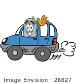 #26627 Clip Art Graphic Of A Gray Cell Phone Cartoon Character Driving A Blue Car And Waving