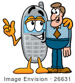 #26631 Clip Art Graphic Of A Gray Cell Phone Cartoon Character Talking To A Business Man