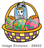 #26632 Clip Art Graphic Of A Gray Cell Phone Cartoon Character In An Easter Basket Full Of Decorated Easter Eggs