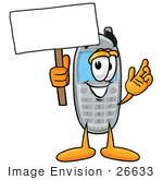 #26633 Clip Art Graphic Of A Gray Cell Phone Cartoon Character Holding A Blank Sign