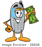 #26636 Clip Art Graphic Of A Gray Cell Phone Cartoon Character Holding A Dollar Bill