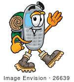 #26639 Clip Art Graphic Of A Gray Cell Phone Cartoon Character Hiking And Carrying A Backpack