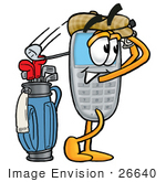 #26640 Clip Art Graphic Of A Gray Cell Phone Cartoon Character Swinging His Golf Club While Golfing