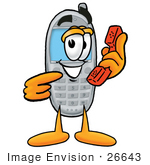 #26643 Clip Art Graphic of a Gray Cell Phone Cartoon Character Holding a Telephone by toons4biz