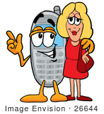 #26644 Clip Art Graphic Of A Gray Cell Phone Cartoon Character Talking To A Pretty Blond Woman