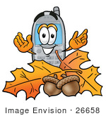 #26658 Clip Art Graphic Of A Gray Cell Phone Cartoon Character With Autumn Leaves And Acorns In The Fall