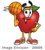 #26666 Clip Art Graphic Of A Red Apple Cartoon Character Spinning A Basketball On His Finger