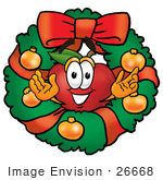 #26668 Clip Art Graphic Of A Red Apple Cartoon Character In The Center Of A Christmas Wreath