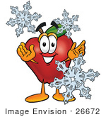 #26672 Clip Art Graphic Of A Red Apple Cartoon Character With Three Snowflakes In Winter