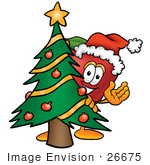 #26675 Clip Art Graphic Of A Red Apple Cartoon Character Waving And Standing By A Decorated Christmas Tree