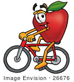 #26676 Clip Art Graphic Of A Red Apple Cartoon Character Riding A Bicycle