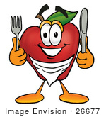 #26677 Clip Art Graphic Of A Red Apple Cartoon Character Holding A Knife And Fork