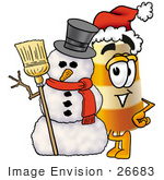#26683 Clip Art Graphic Of A Construction Road Safety Barrel Cartoon Character With A Snowman On Christmas