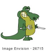 #26715 Hungry Green Gater Holding A Fork And Knife Clipart