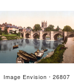 #26807 Stock Photography Of Boats Near The Medieval Bridge On The River Wye Waterfront Buildings And The Hereford Cathedral In Hereford West Midlands England Uk