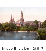 #26817 Stock Photography Of A Pond And Garden On The South Side Of The Lichfield Cathedral In Lichfield Staffordshire England Uk