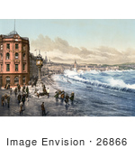 #26866 Stock Photography Of Storm Waves Washing Up On The Train Tracks Jubilee Clock And Promenade By Waterfront Buildings In Douglas Doolish Isle Of Man England