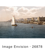 #26878 Stock Photography Of A Sailboat By Bathing Machines And People On The Beach In Worthing West Sussex England Uk