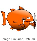 #26956 Starving Fish Prepared To Eat Carrying A Knife And Fork Clipart Graphic