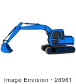 #26961 Blue Trackhoe Tractor Working At A Construction Site Clipart Graphic