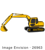 #26963 Yellow Trackhoe Tractor Working At A Construction Site Clipart Graphic