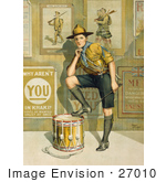 #27010 Stock Photography Of A Vintage World War I Poster Showing A Young Man In Uniform Resting One Leg On A Drum In Front Of A Wall Displaying Enlistment Posters By The Parliamentary Recruiting Committee