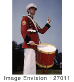 #27011 Stock Photography Of A Male Marine Drummer In A Red Black And White Uniform