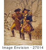 #27014 Stock Photography Of Two Marching Continental Army Color Guard Soldiers Men Marching Through The Snow In The Winter Playing A Fife And A Drum
