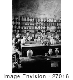 #27016 Stock Photography Of A Group Of 5 Young Men Seated At A Table And Hand Painting Jars And Pottery In The Workshop Of The Dome Of The Rock Via Dolorosa Jerusalem