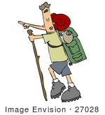 #27028 Physically Fit Man Pointing While Hiking And Carrying Gear On His Back Clipart Picture