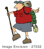 #27032 Man Carrying Hiking Gear And Using A Hiking Stick While Hiking Clipart Picture