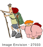 #27033 Man Trying To Motivate His Wife As She Kneels To Catch Her Breath During A Hike Clipart Picture