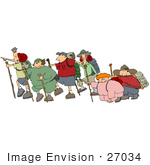 #27034 Group Of People Taking A Strenuous Hike Outdoors Some Struggling And Falling Behind Clipart Picture