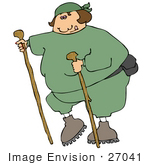 #27041 Fat Woman In Green Sweats Wearing A Fanny Pack And Holding Onto Two Hiking Sticks While Being A Good Sport About Getting Exercise Clipart Picture