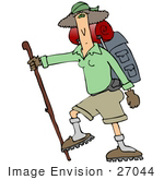 #27044 Woman Carrying Camping Gear On Her Back And Using A Stick While Hiking Clipart Picture