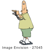 #27045 Bald Man Wearing Green Taking A Picture With A Camera Clipart Picture