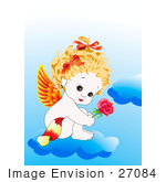 #27084 Sweet And Adorable Female Baby Baby Angel With Orange And Red Wings Her Blond Hair Up In Bows Sitting Nude On A Cloud And Holding A Red Rose Stock Photograph
