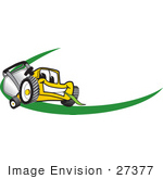 #27377 Clip Art Graphic Of A Yellow Lawn Mower Mascot Character Facing Forward Chewing On A Blade Of Grass With A Green Dash On A Logo