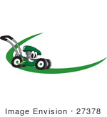 #27378 Clip Art Graphic Of A Green Lawn Mower Mascot Character Chewing On A Blade Of Grass And Passing By On A Green Dash On A Logo