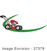 #27379 Clip Art Graphic Of A Red Lawn Mower Mascot Character Chewing On A Blade Of Grass And Passing By On A Green Dash On A Logo