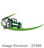 #27380 Clip Art Graphic Of A Green Lawn Mower Mascot Character Chewing On A Blade Of Grass With A Green Dash On A Logo