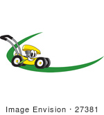 #27381 Clip Art Graphic Of A Yellow Lawn Mower Mascot Character Chewing On A Blade Of Grass And Passing By On A Green Dash On A Logo