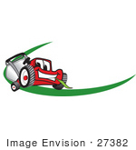 #27382 Clip Art Graphic Of A Red Lawn Mower Mascot Character Facing Forward Chewing On A Blade Of Grass With A Green Dash On A Logo
