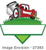 #27383 Clip Art Graphic Of A Red Lawn Mower Mascot Character Facing Front And Chewing On A Blade Of Grass On Top Of A Grassy Hill In The Shape Of A Triangle With A Blank Label On A Logo
