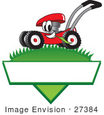 #27384 Clip Art Graphic Of A Red Lawn Mower Mascot Character In Profile Glancing As It Speeds Past While Chewing On A Blade Of Grass On Top Of A Grassy Hill In The Shape Of A Triangle With A Blank Label On A Logo