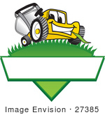#27385 Clip Art Graphic Of A Yellow Lawn Mower Mascot Character Facing Front And Chewing On A Blade Of Grass On Top Of A Grassy Hill In The Shape Of A Triangle With A Blank Label On A Logo