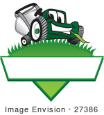 #27386 Clip Art Graphic Of A Green Lawn Mower Mascot Character Facing Front And Chewing On A Blade Of Grass On Top Of A Grassy Hill In The Shape Of A Triangle With A Blank Label On A Logo